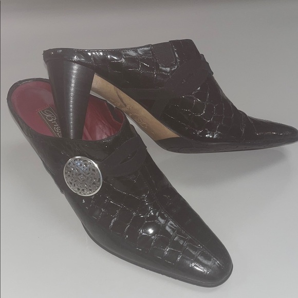 Brighton Black Patent Leather Mules with Silver Medallion Romeo size 9.5 M - Picture 1 of 10
